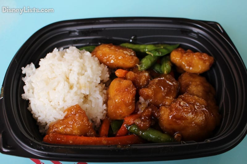Tempura Chicken, Carrots, Snap Peas, Honey Sauce, and White Rice